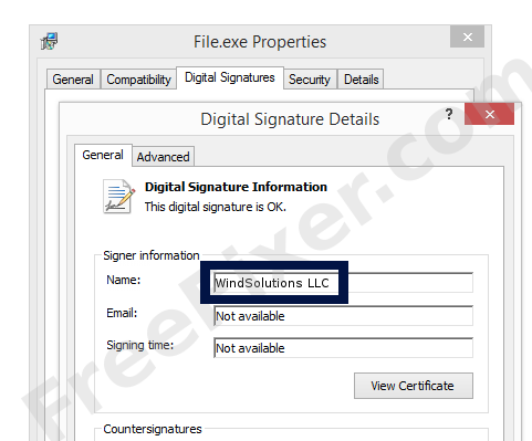 Screenshot of the WindSolutions LLC certificate